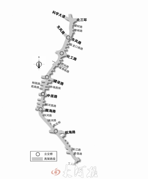 截至目前，僅剩西三環(huán)跨長(zhǎng)江路、丹青路高架橋金水河處一座箱梁尚未澆筑。