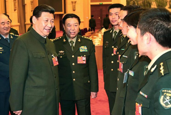 中共中央總書記、中共中央軍委主席習近平出席十二屆全國人大一次會議解放軍代表團全體會議并發(fā)表重要講話。
