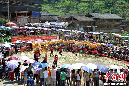 圖為當?shù)丶t瑤民眾舞起長龍祈求風調(diào)雨順。中新社發(fā) 韋吉陽 攝