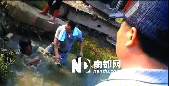 男子沒(méi)入水塘后試圖反抗，遭戴黑帽男子毆打。視頻截圖