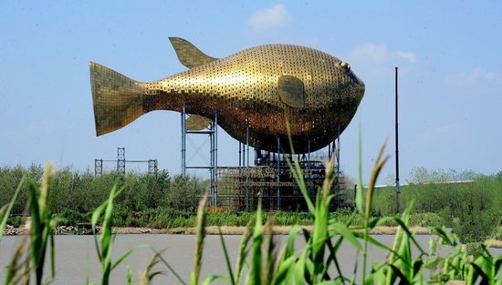 昨天，揚(yáng)中市西沙島，正在施工的河豚塔金光閃閃
