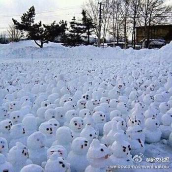 網(wǎng)傳“煙臺男子大學(xué)生堆1314個雪人表白”。微博圖