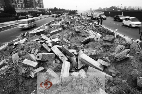 中州大道部分路段，綠化帶成了垃圾場(chǎng)。