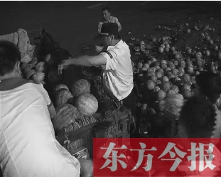 昨日凌晨，鄭州街頭，眾多愛心市民幫瓜農(nóng)撿拾西瓜