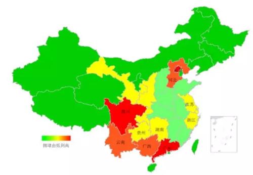 端午期間省域擁堵情況。來源：交通部聯(lián)合其他機(jī)構(gòu)發(fā)布的《2018年端午全國公路網(wǎng)出行預(yù)測報告》。