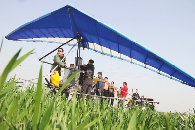　　4月12日，在武陟縣北郭鄉(xiāng)韓余村，一架三角翼動(dòng)力滑翔機(jī)在對(duì)小麥進(jìn)行農(nóng)藥噴灑作業(yè)。為提升農(nóng)業(yè)生產(chǎn)的