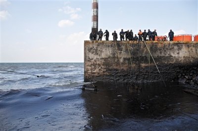 昨日，山東青島，清污人員正在海邊清理油污。