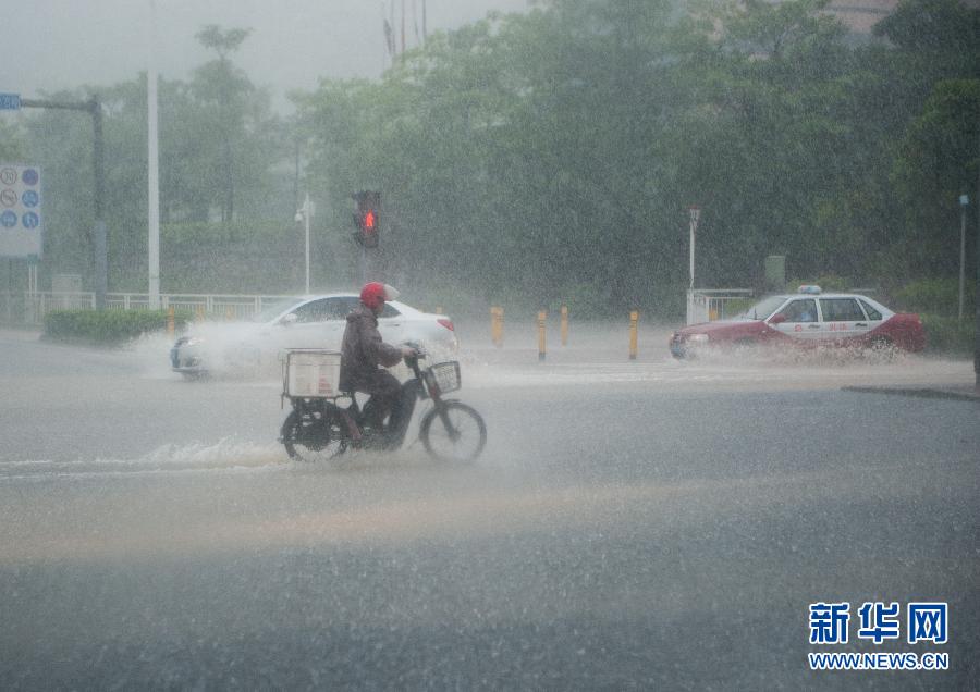 5月11日，車輛在深圳西麗留仙大道涉水前行。