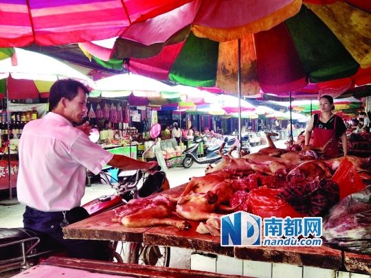  昨日，玉林垌口市場，一位市民在購買狗肉。