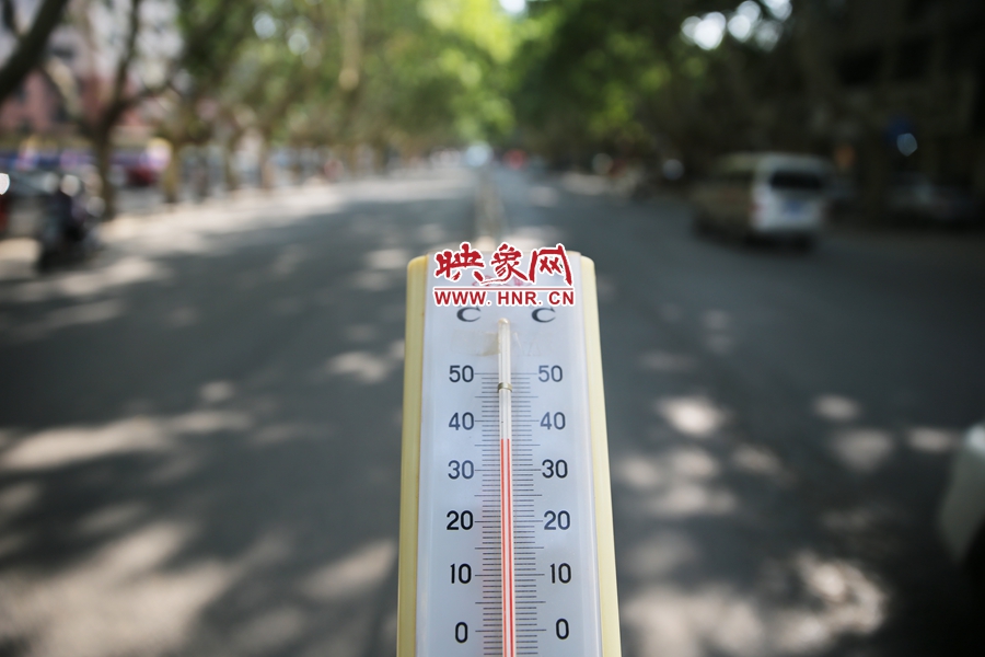 7月8日下午15時30分，人民路樹陰處溫度為36度，比人防納涼處高11度。