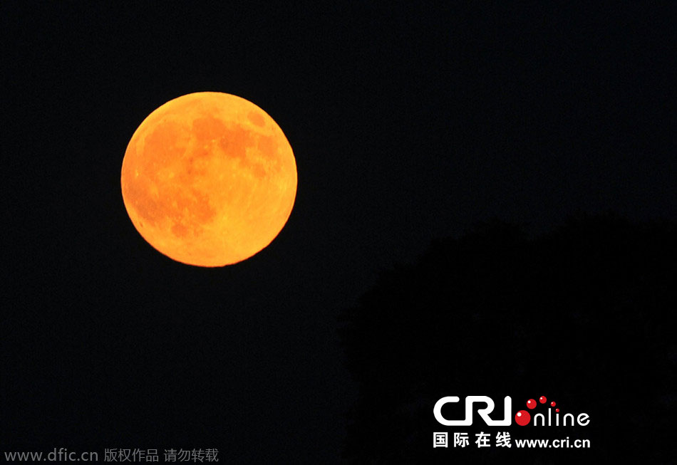 8月10日晚，一輪金燦燦的大月亮在遼寧省大連市東方升起。圖片來源：劉德斌/東方IC