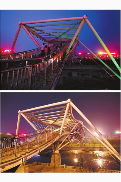 花園路西側(cè)東風(fēng)渠景觀橋，上圖攝于7月31日晚間，下圖攝于10月9日晚間。