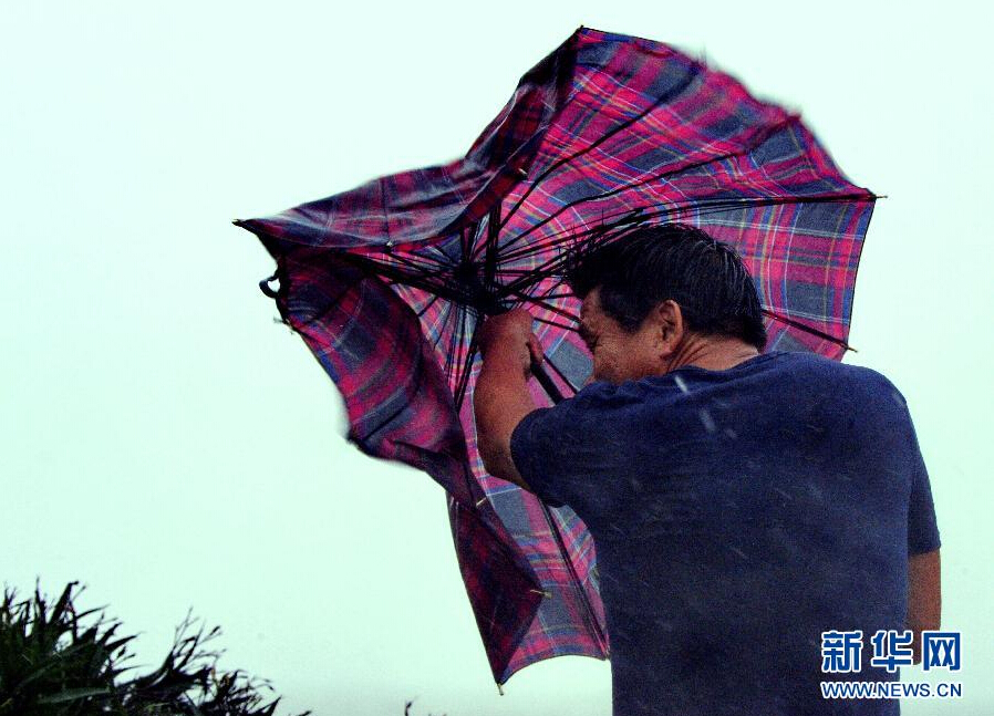 8月8日，福建省石獅市漁民在風(fēng)雨中前行。