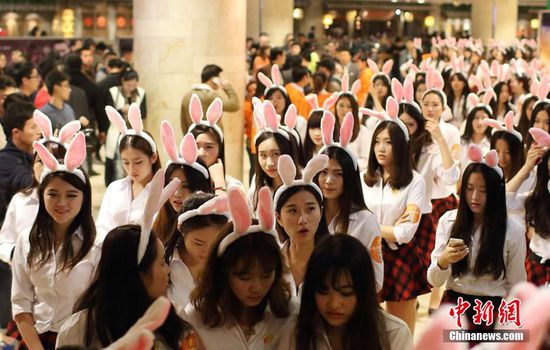 11月11日晚，一百位統(tǒng)一打扮的“兔女郎”現(xiàn)身南京新街口，逛街看電影玩快閃，走到哪里都被圍觀。